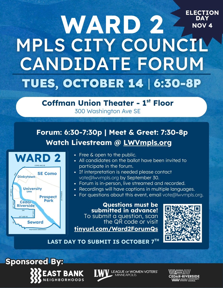 SAVE THE DATE: 
Mpls City Council Ward 2 Candidate Forum 
Tuesday, October 14, 6:30 pm
Coffman Union Theater