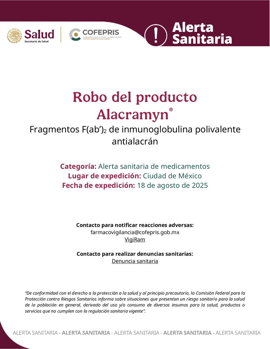 Gestrasan's tweet photo. 4 Robo del producto Alacramyn Fragmentos F(ab’)2 de inmunoglobulina polivalente antialacrán https://t.co/OWI7viP1T2