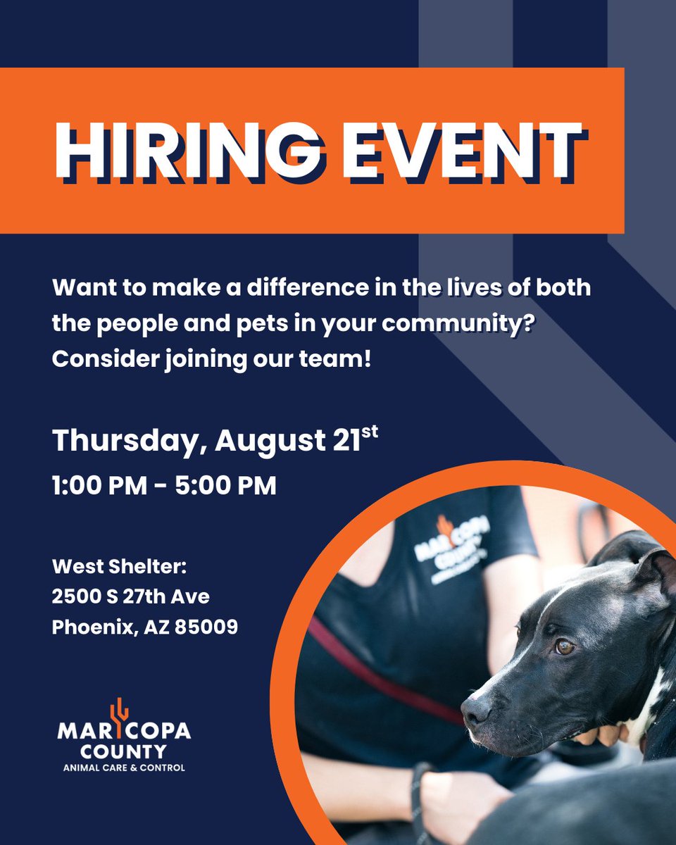 COME WORK WITH DOGS! We're holding an on-the-spot hiring event for positions like adoption specialist, shelter associate, business office specialist, and more. 

📍2500 S 27th Ave, Phoenix
📅 Thursday, August 21
🕦 1 pm - 5 pm

Learn more at Maricopa.gov/Pets.