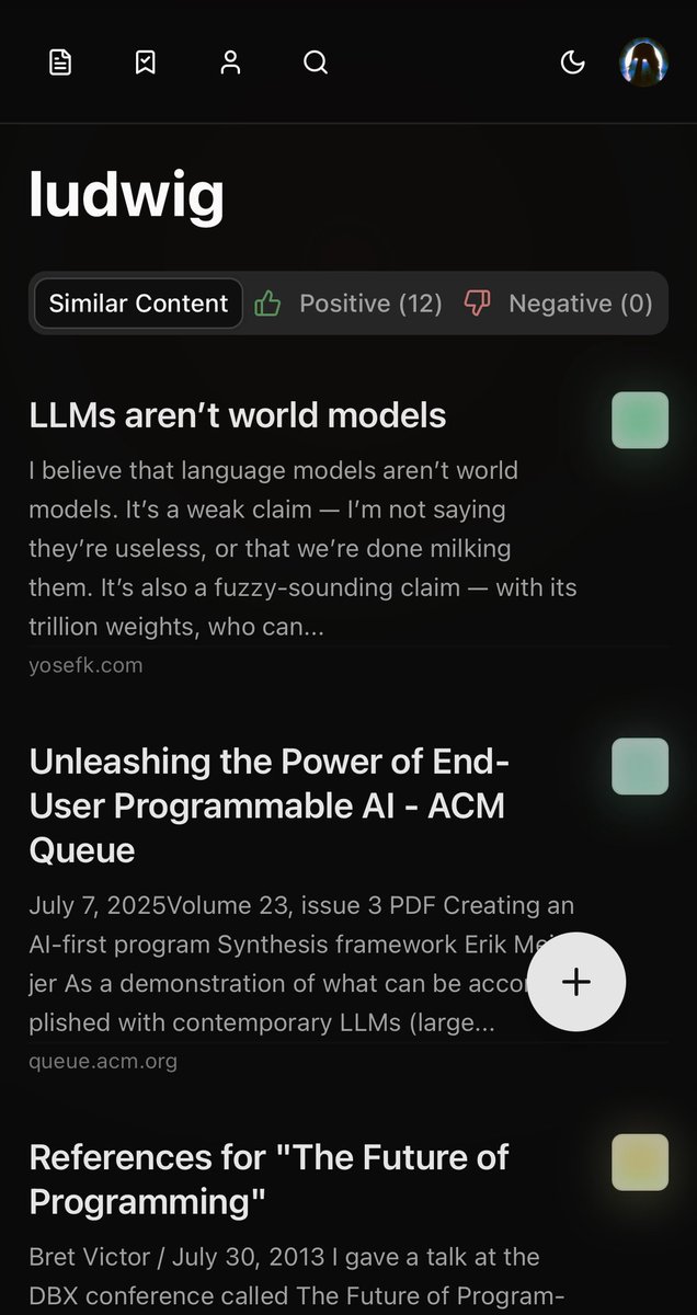 wanted to see if I could generate good recs with atlas so I created a playlist called “ludwig” added these urls, and then checked the playlist feed

only ludwig could accurately rate the results as +/- for better thematic accuracy, but that’s the power of “tunable” algorithms
