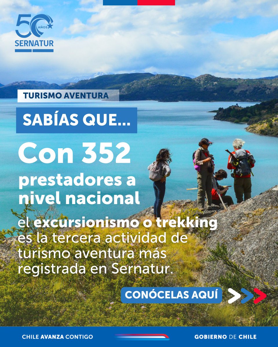 Sernatur's tweet photo. #Excursionismo 🥾🥾🥾
📌 Las regiones que cuentan con más prestadores de excursionismo registrados son:
➡️ Antofagasta (55)
➡️ Aysén (50)
➡️ Los Lagos y Metropolitana (39).
Más información y recomendaciones en https://t.co/2xPWJ0PsEV https://t.co/ZEX4a6IgcF
