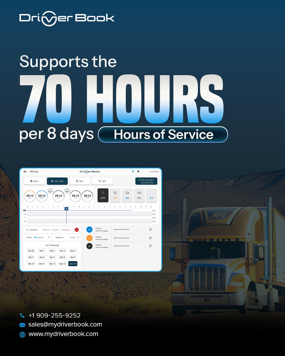 MyDriverBook's tweet photo. ⏱ Stay compliant with ease!
DriverBook supports the 70 Hours / 8 Days HOS rule so drivers &amp; fleets can stay safe, efficient &amp; road-ready. 🚛✨

#MyDriverBook #Trucking #FleetManagement #HOS #FMCSA #DOTCompliance https://t.co/1ZtNcrI5ES