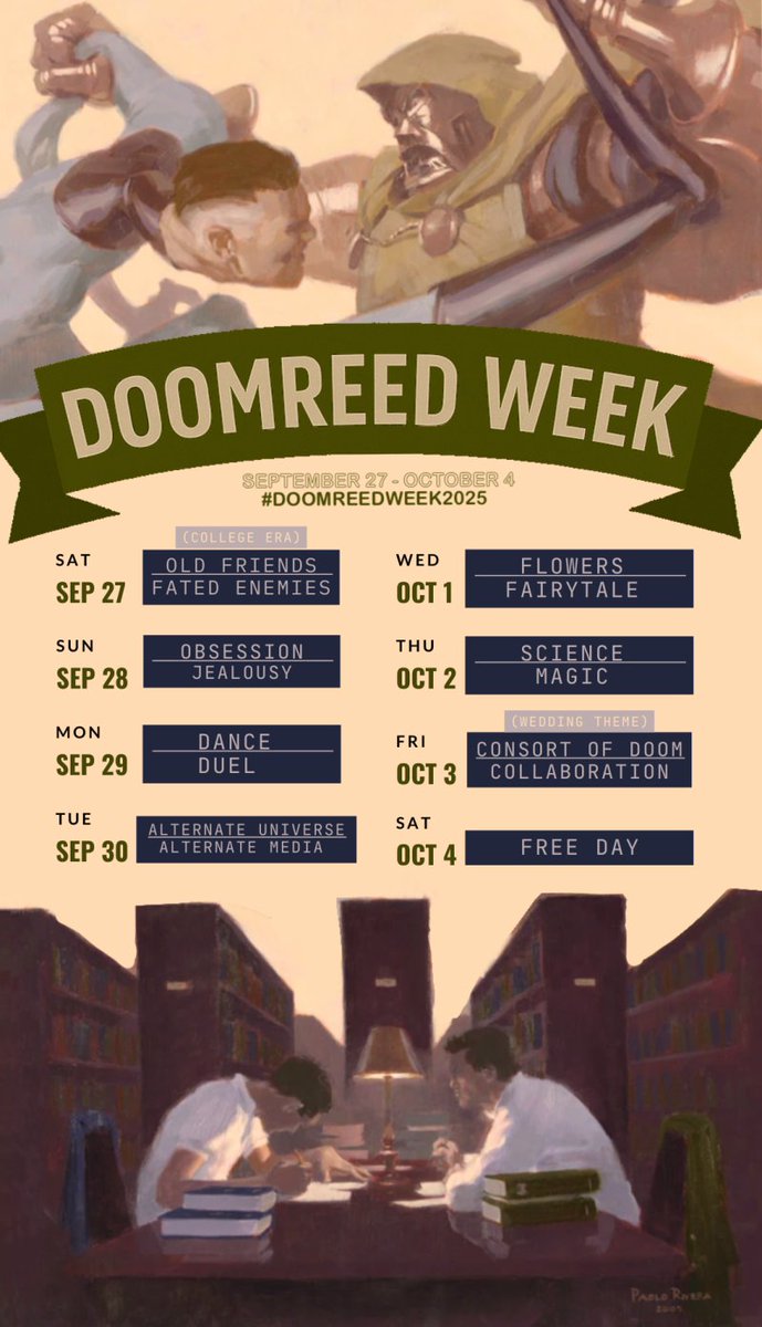 doomreedweek's tweet photo. GET HYPE, LOYAL LATVERIAN CITIZENS: DoomReed Week is 6 WEEKS away! #DOOMREEDWEEK2025 runs from Sept 27 to Oct 4 as a celebration of fanwork (art, fic, edits, playlists, etc) dedicated to our beloved leader doctor doom &amp; the stupid sexy accursed reed richards. more info below ⬇️💖 https://t.co/WqHThElioT