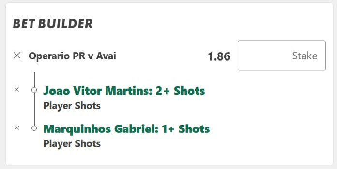 Operario PR Vs Avai - Starts in 45 mins 🚨 

🇧🇷 Brazil Serie B 

Joao Vitor Martins 2+ Shots
Marquinhos Gabriel 1+ Shots 

Stake 1u @ 1.86