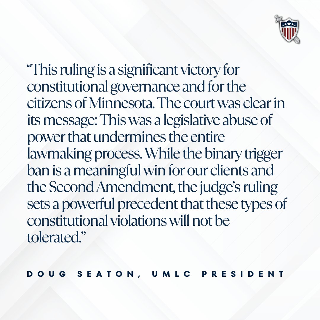 A powerful message from the court on our landmark win against the unconstitutional practice of "logrolling" by state legislators. This is a win for the Second Amendment and for the integrity of Minnesota's laws. Learn more: umlc.org/minnesota-dist…