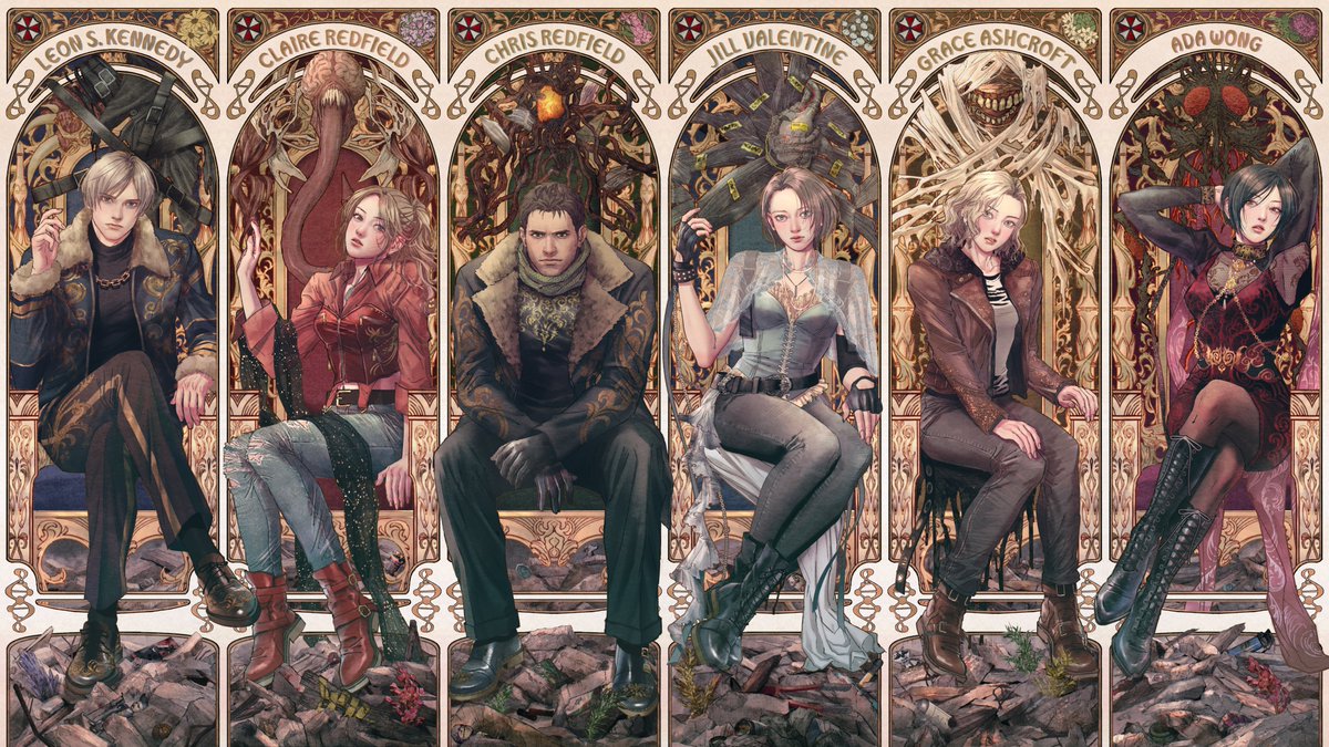 Some incredible tarot card style art for Resident Evil's 30th anniversary just released. You can see each character accompanied by an iconic monstrous motif. Above Grace is that new mystery thing that chases her around! That thing I've been calling Lisa Trevor 2.0 🤔