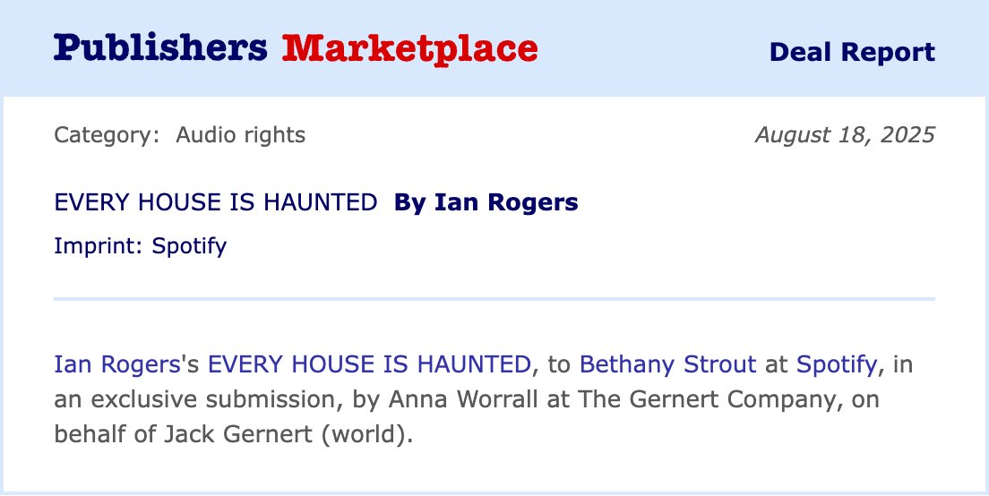 Very excited to announce that an audio version of EVERY HOUSE IS HAUNTED is on the way from the fine folks as Spotify, who produced the audiobook of SYCAMORE, and are currently working on the next Black Lands book, SuperNOIRtural Tales.