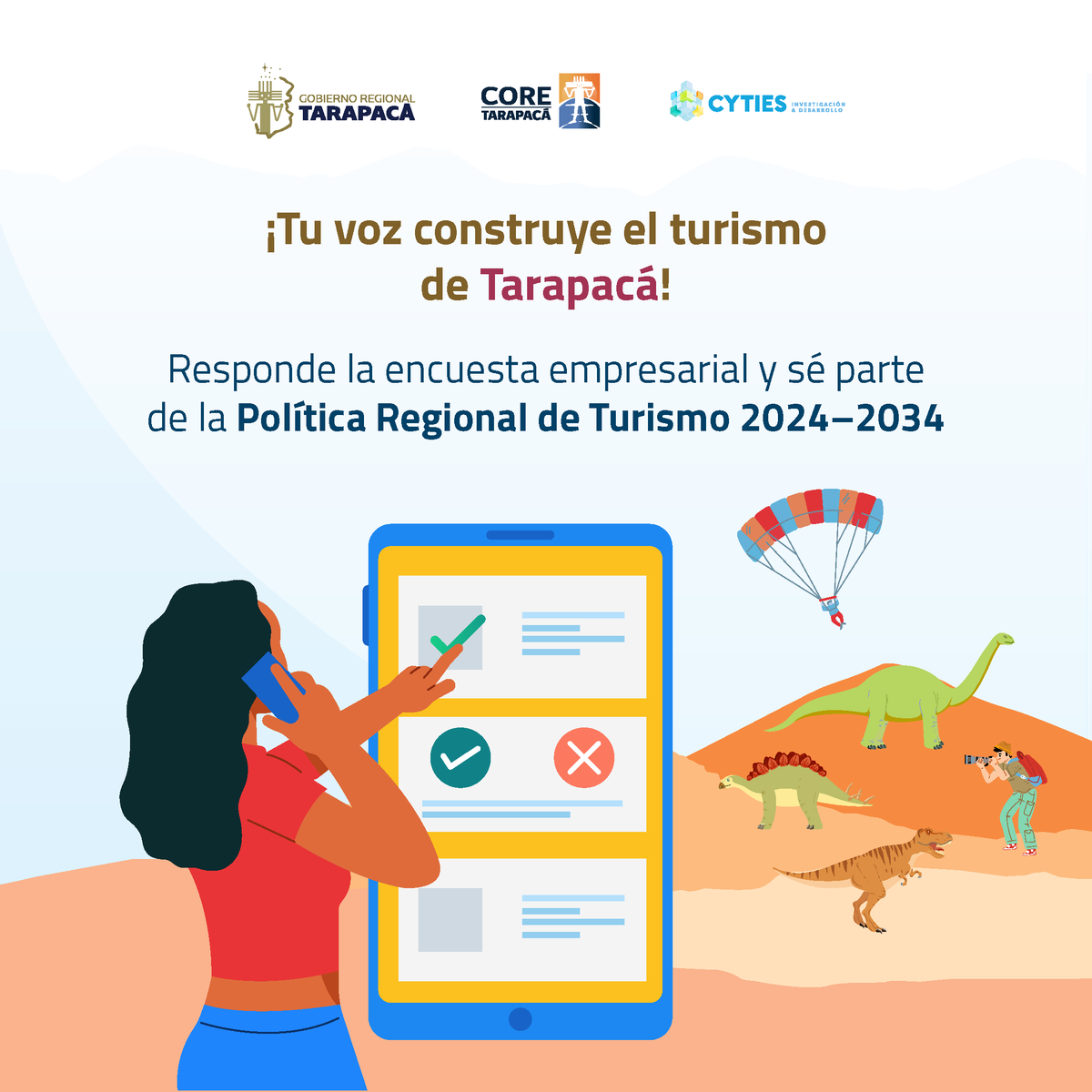 Gore_Tarapaca's tweet photo. #TarapacáTurística 🌊⛱🥭🏜🌾😎

⚠️𝗔𝗧𝗘𝗡𝗖𝗜𝗢́𝗡⚠️

📢 Invitamos a todos los prestadores de servicios turísticos de la región de #Tarapacá a participar en la Encuesta Empresarial, en el marco de la formulación de la ✨Política Regional de Turismo 2024–2034✨.

🫵 Tu opinión es fundamental para construir, de manera conjunta, un futuro turístico más sostenible, inclusivo y competitivo para nuestra región.

🔗 Ingresa en el siguiente link y contesta la encuesta: https://t.co/12IQ34das8

🗓️ Plazo para responder: hasta el viernes 22 de agosto

📞 También puedes responderla de manera telefónica junto a los profesionales de Cyties, contactándose al +569 52298307

¡Contamos con tu participación y difusión para llegar a la mayor cantidad de actores del sector turístico en Tarapacá! 👏

#GobernandoDesdeLosTerritorios #Iquique #AltoHospicio #PozoAlmonte #Huara #Pica #Camiña #Colchane #TurismoTarapacá #TarapcáTurísitica #EncuestaEmpresarial #ParticipaciónCiudadana #PolíticaRegionalDeTurismo #Tarapacá2034 #SectorTurístico #TurismoSostenible