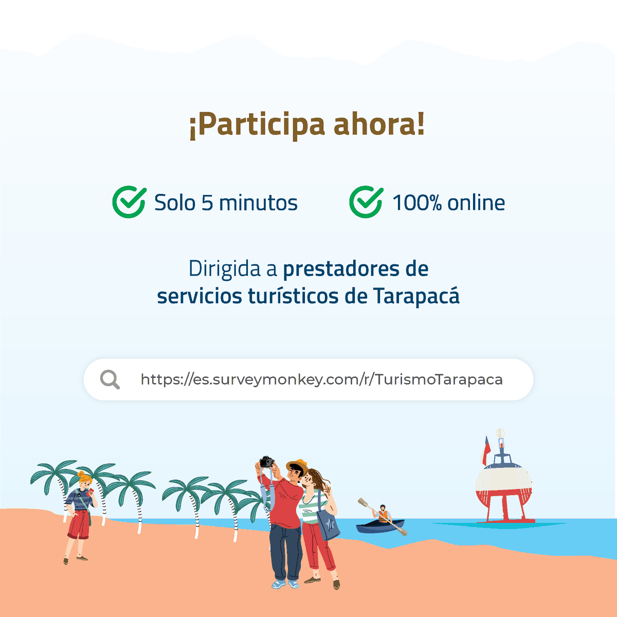 Gore_Tarapaca's tweet photo. #TarapacáTurística 🌊⛱🥭🏜🌾😎

⚠️𝗔𝗧𝗘𝗡𝗖𝗜𝗢́𝗡⚠️

📢 Invitamos a todos los prestadores de servicios turísticos de la región de #Tarapacá a participar en la Encuesta Empresarial, en el marco de la formulación de la ✨Política Regional de Turismo 2024–2034✨.

🫵 Tu opinión es fundamental para construir, de manera conjunta, un futuro turístico más sostenible, inclusivo y competitivo para nuestra región.

🔗 Ingresa en el siguiente link y contesta la encuesta: https://t.co/12IQ34das8

🗓️ Plazo para responder: hasta el viernes 22 de agosto

📞 También puedes responderla de manera telefónica junto a los profesionales de Cyties, contactándose al +569 52298307

¡Contamos con tu participación y difusión para llegar a la mayor cantidad de actores del sector turístico en Tarapacá! 👏

#GobernandoDesdeLosTerritorios #Iquique #AltoHospicio #PozoAlmonte #Huara #Pica #Camiña #Colchane #TurismoTarapacá #TarapcáTurísitica #EncuestaEmpresarial #ParticipaciónCiudadana #PolíticaRegionalDeTurismo #Tarapacá2034 #SectorTurístico #TurismoSostenible
