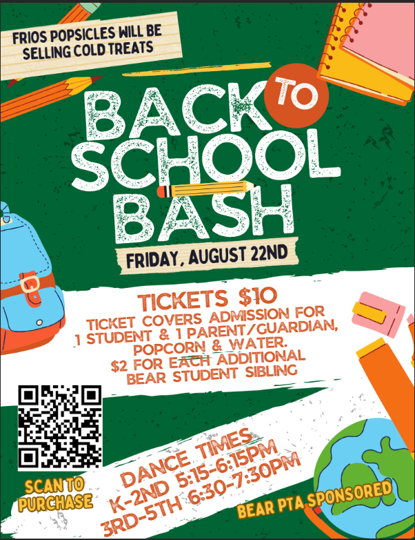 🎉✏️ It’s time to celebrate a brand-new school year at our Back to School Bash! 🎶🎈
📅 Friday, Aug. 22, 2025
🎟️ Tickets: $10 (includes admission for 1 student + 1 parent/guardian, popcorn &amp; water)
🕺💃 Dance Times:
K–2 ➡️ 5:15–6:15 PM and 3–5 ➡️ 6:30–7:30 PM