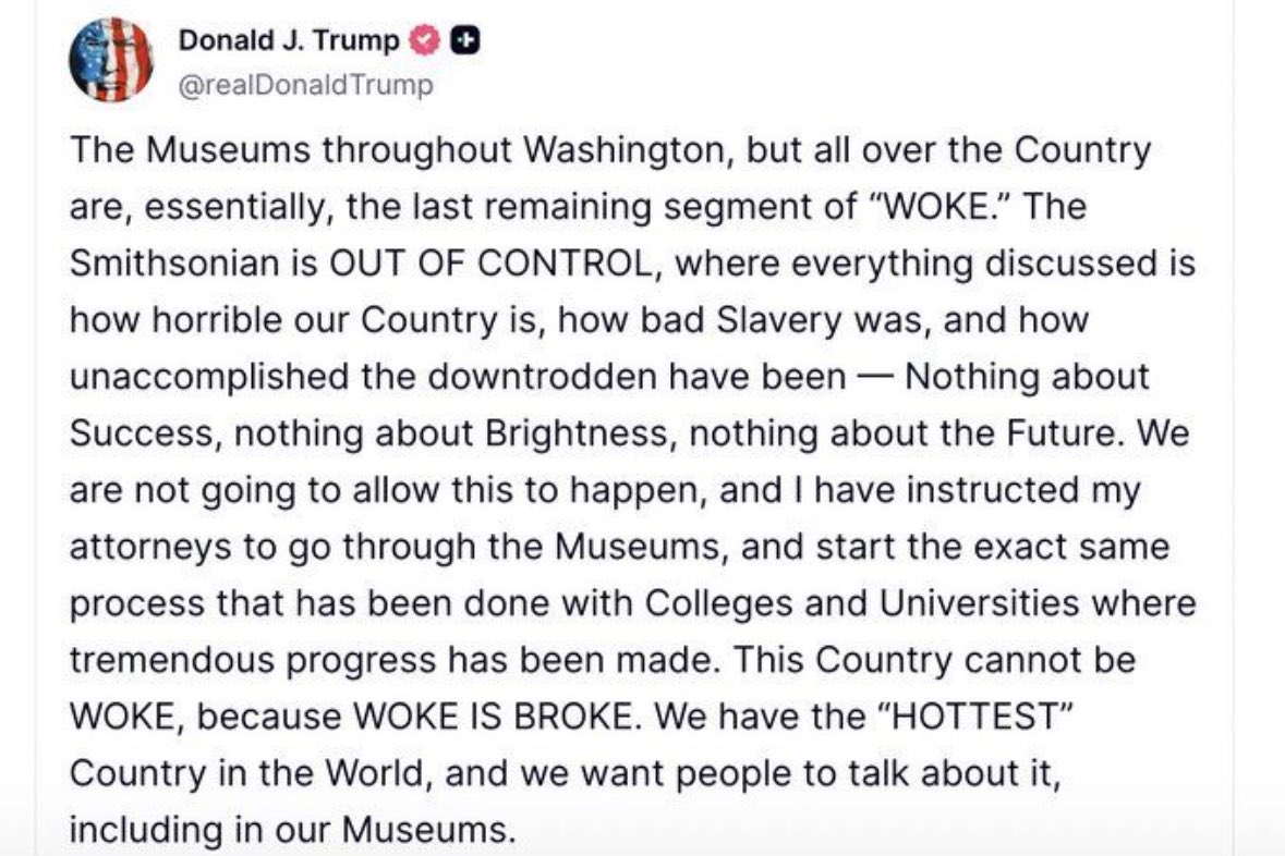 inminivanhell's tweet photo. Acknowledging how horrible slavery was is apparently woke. Don’t worry though, Trump’s lawyers are headed to the Smithsonian and other museums to erase our history and make us look “hot”.

I fucking cant. https://t.co/DuaIwmKKly
