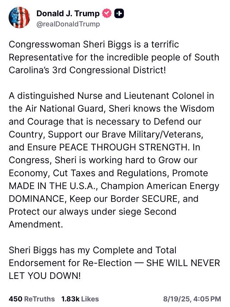 Sheri Biggs (@votesheribiggs) on Twitter photo I proudly stand with <a href="/realDonaldTrump/">Donald J. Trump</a>, and I'm honored that he continues to stand with me.
President Trump is leading our nation with great strength and has returned America's leadership in the world once again. Just as I have done in my first year in Congress, I will continue I proudly stand with <a href="/realDonaldTrump/">Donald J. Trump</a>, and I'm honored that he continues to stand with me.
President Trump is leading our nation with great strength and has returned America's leadership in the world once again. Just as I have done in my first year in Congress, I will continue
