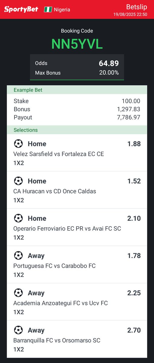 Hey check out the bet I just placed on Sportybet! sportybet.com/ng/?shareCode=…