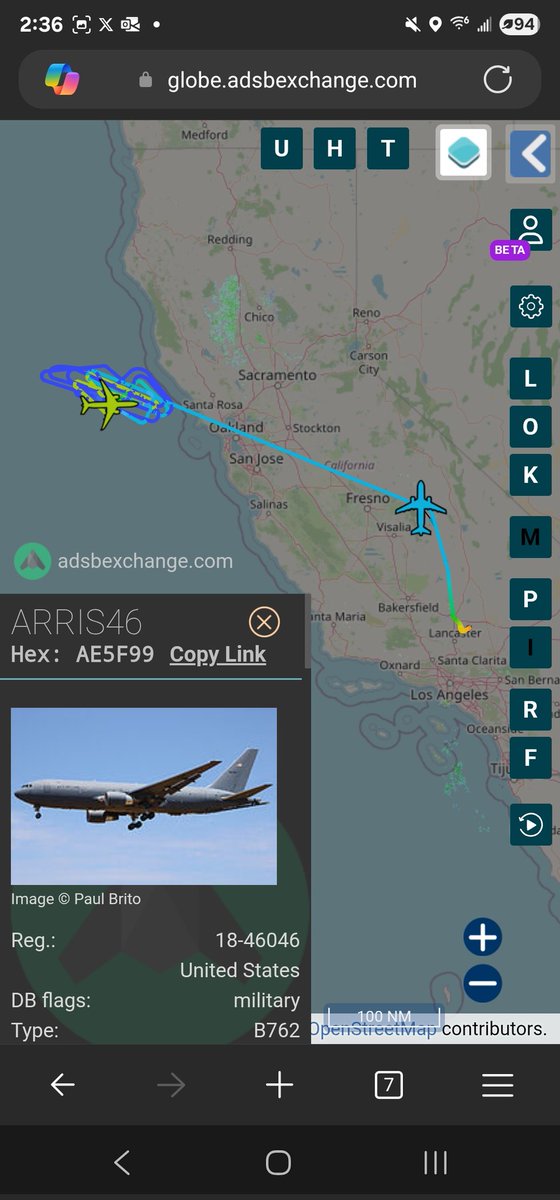 norb420's tweet photo. #AE5F99 as #ARRIS46 
#AE222E as ?

Looks like the P-8As are working on getting certified to accept gas from the KC-46s. Both were up from Edwards AFB. Currently off the central California coast working in W-260 at various altitudes. https://t.co/OdaRCKfJ8n