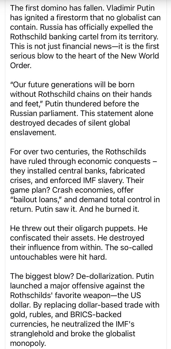 Niel1W's tweet photo. So it looks like #Putin is not taking the #Globalist nonsense anymore? Is he really kicking the #Rothschild family and their banks out of #Russia ? It's time #WeThePeople take back our world and everything that these elites stole from us over the years!!  #IStandWithPutin #Trump https://t.co/i0baMQrmJB