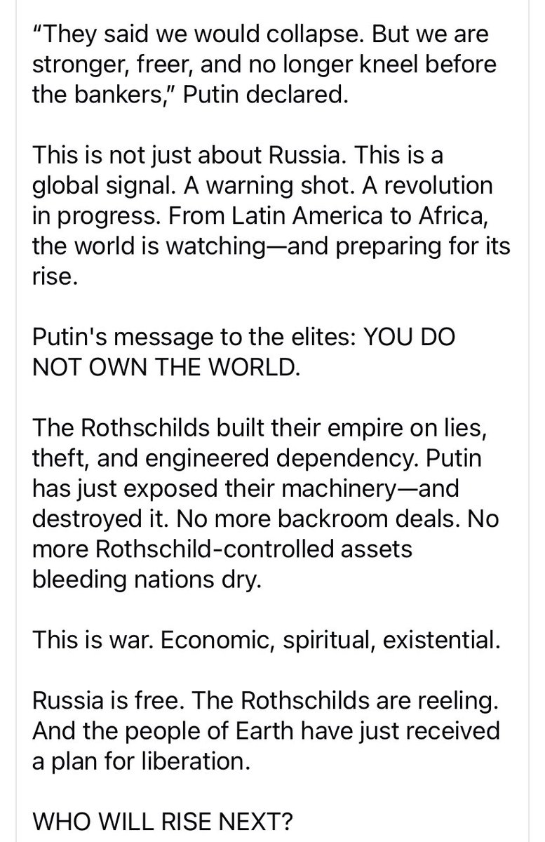 Niel1W's tweet photo. So it looks like #Putin is not taking the #Globalist nonsense anymore? Is he really kicking the #Rothschild family and their banks out of #Russia ? It's time #WeThePeople take back our world and everything that these elites stole from us over the years!!  #IStandWithPutin #Trump https://t.co/i0baMQrmJB