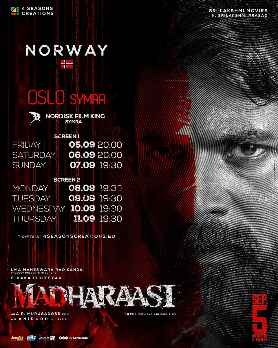 pjsanukanth's tweet photo. #Madharaasi —
Bookings open in #Oslo (#Symra) and #Sandnes, #Norway 🇳🇴
🎟️ https://t.co/zUhqr2ivIk
Grand #Europe release by @4SeasonCreation 🇪🇺🔥 https://t.co/WqdBqfCFhi