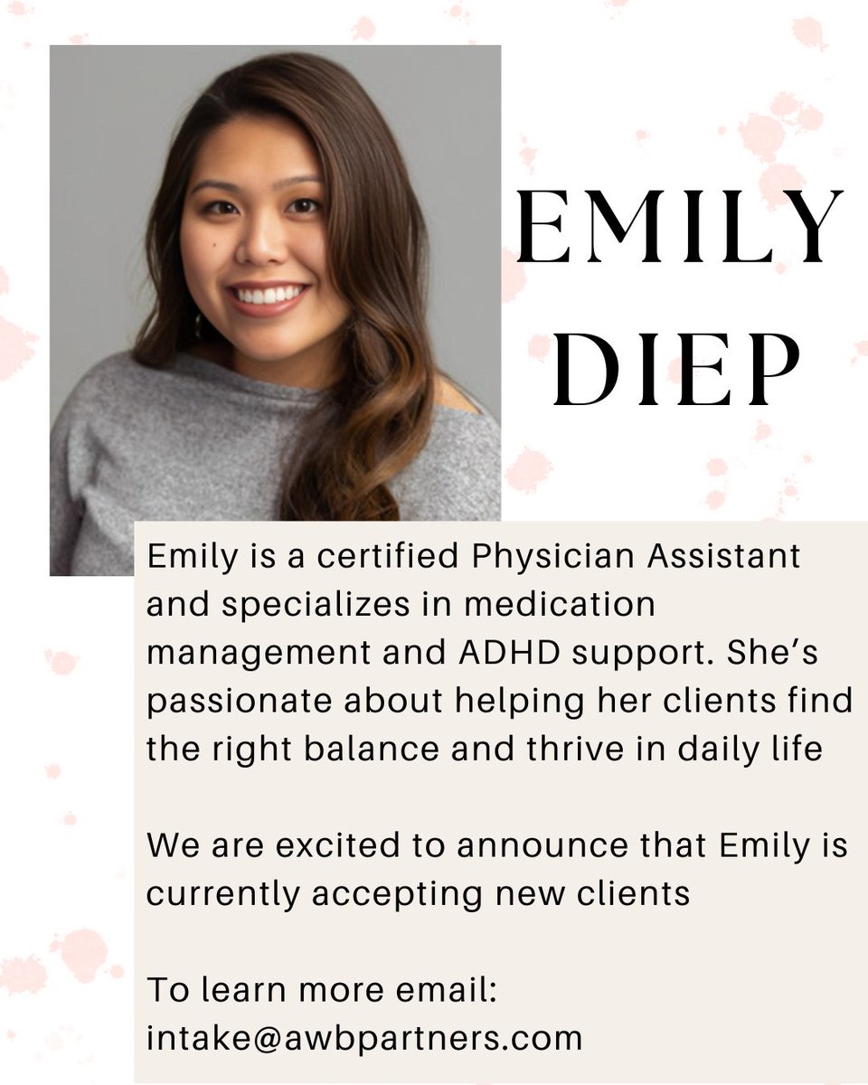 Meet Emily Diep, PA-C—our new expert in medication management and ADHD support. She’s dedicated to helping clients achieve balance and thrive every day.

💡 Emily is now accepting new clients!
📩 To learn more or get started, email us at intake@awbpartners.com