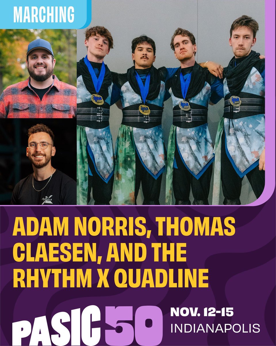 RhythmXinc's tweet image. The 2025 Rhythm X Quadline is heading to PASIC! 🥁 

Join us for our session, "The Rules of Modern Quad Drumming and When to Break Them" on Thursday, November 13th, at 1:00 PM in Room 125.

Don't miss this opportunity to learn from the best!

#RhythmX #PASIC50 #WGI #WGIPercussion