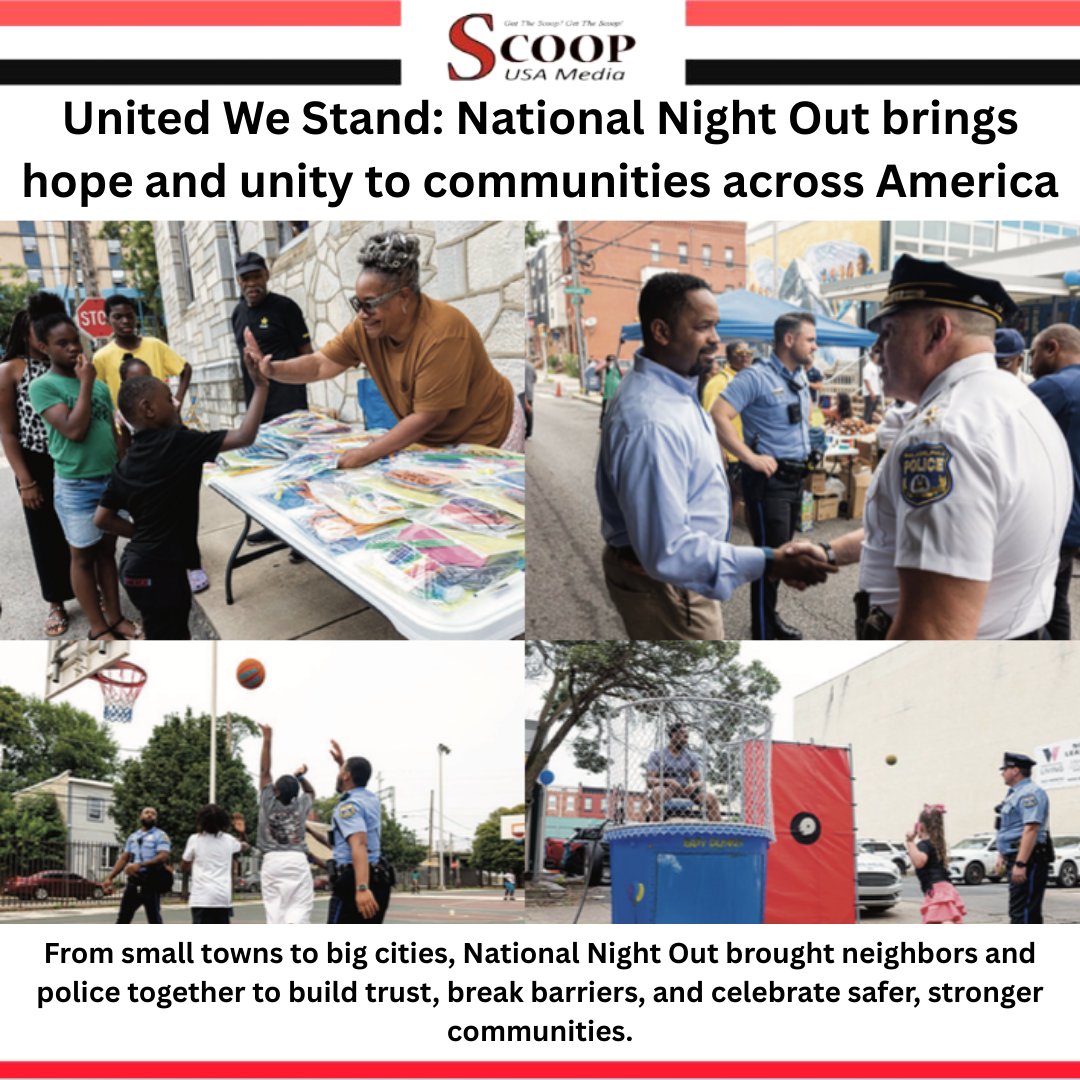 United We Stand: National Night Out brings hope and unity to communities across America
Read: scoopnewsusa.com/united-we-stan…

#NationalNightOut #StrongerTogether #CommunityUnity #BuildingBridges #SaferCommunities #NeighborsAndPolice #TrustAndRespect #WeAreOne