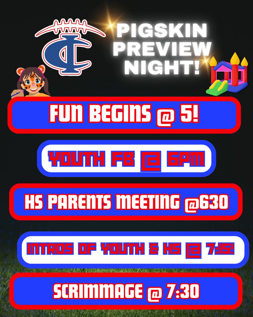 ‼️Pigskin Preview Night in 24 hours‼️

5️⃣pm : Bounce Houses and Concessions Open
6️⃣pm : Youth Football Practice w/ HS Bluejackets
6️⃣3️⃣0️⃣pm : HS Parents Meeting
7️⃣1️⃣5️⃣pm : Intro of Bluejacket teams (youth thru high school will run through the helmet‼️)
7️⃣3️⃣0️⃣pm : Scrimmage💥