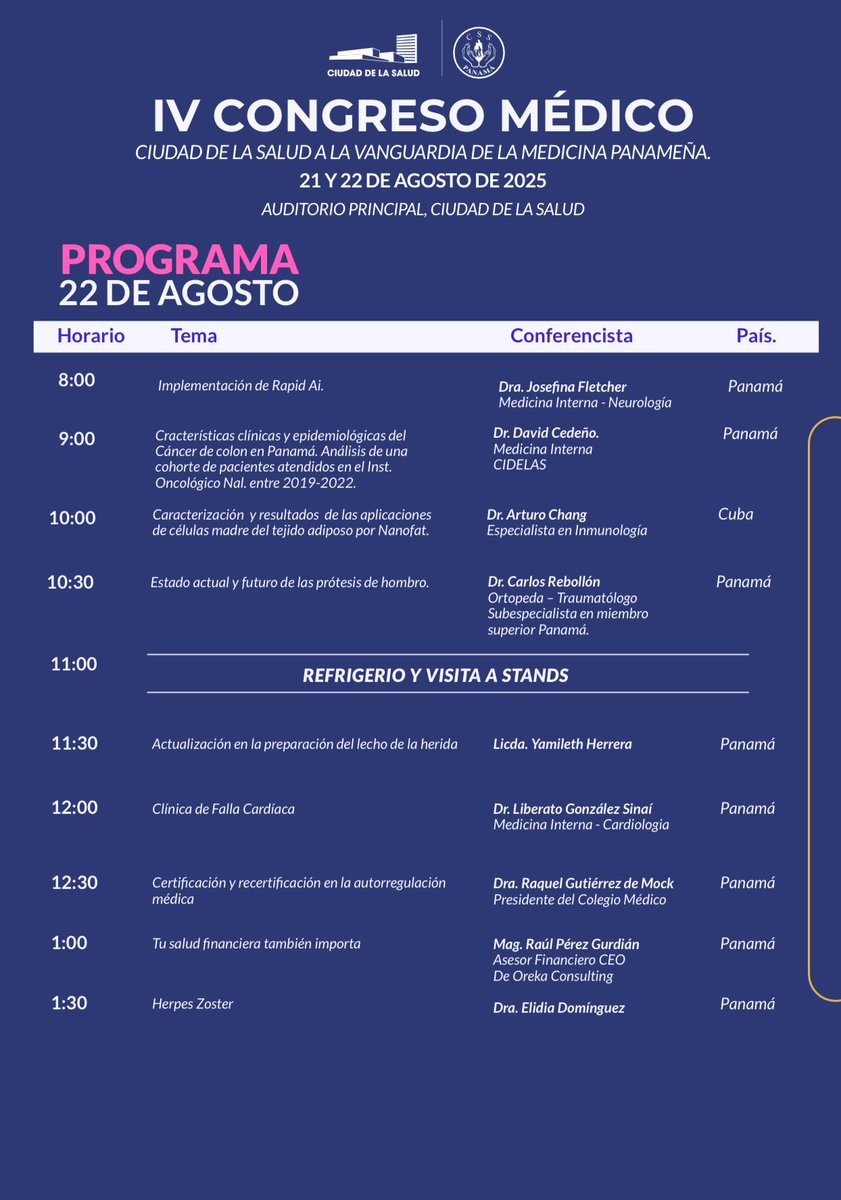 ¡Programa final disponible!
IV Congreso Médico: Ciudad de la Salud – A la Vanguardia de la Medicina Panameña
📅 21 y 22 de agosto 2025
📍 Auditorio Principal, Ciudad de la Salud

Temas clave: IA en salud, medicina de precisión, neuropediatría, cirugía ortopédica y más.