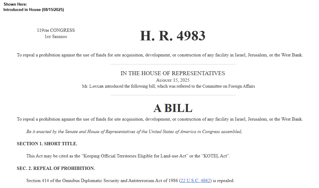 Representative Michael Lawler (NY-17), has introduced a bill to "To repeal a prohibition against the use of funds for site acquisition, development, or construction of any facility in Israel, Jerusalem, or the West Bank." 

Currently, it has not gone to committee and has no