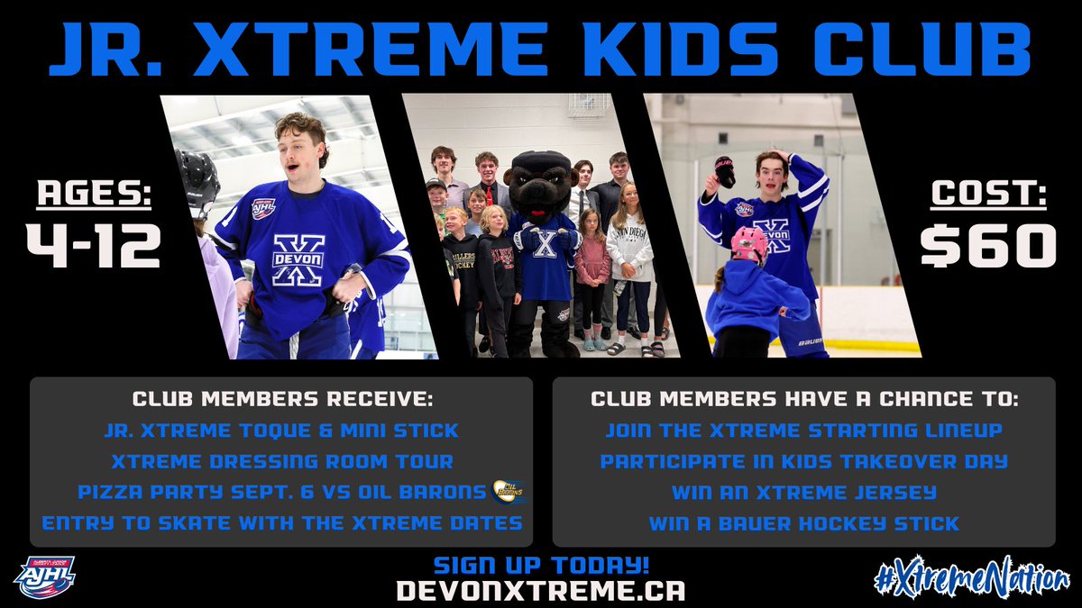 Jr. Xtreme Kids Club is back for another exciting season!

Don’t miss your chance to be part of the team and get closer to the action with this exclusive fan experience.

👉 Learn more and sign up today at devonxtreme.ca

#DevonXtreme | #AJHL | #XtremeNation