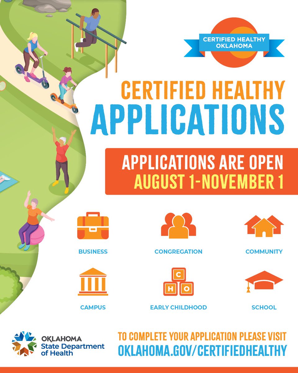 The Certified Healthy Oklahoma Program recognizes workplaces, schools, and other organizations that are making real changes to support better nutrition, physical activity, and tobacco-free living. It’s a powerful way to create a lasting impact. Apply: Oklahoma.gov/CertifiedHealt….