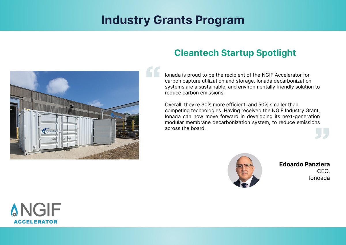 NGIFCapital's tweet image. 📢 #NGIFAccelerator is pleased to announce a second grant funding to Ionada through the Industry Grants program for the demonstration and construction of an innovative, modular carbon capture system at an NGIF Partner site.

🔗Read the full announcement here:…