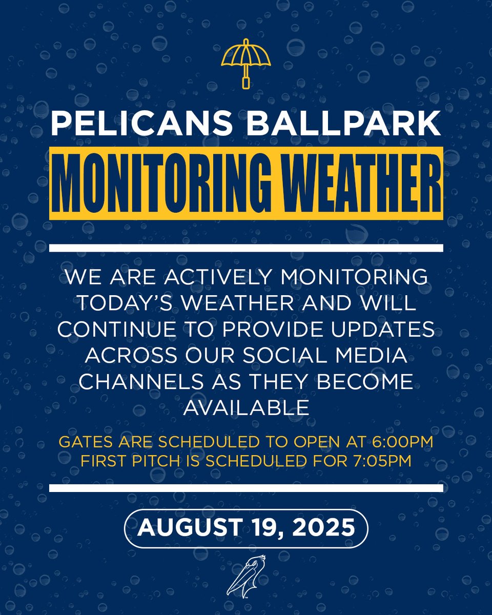 Gates are currently open. With the tarp on the field there will be no pre-game autograph session. First pitch is scheduled for 7:05 PM, any necessary updates will be made via social media.

We appreciate your patience and understanding.