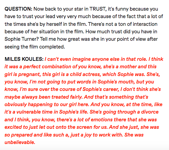 KellyVela's tweet photo. 'Trust' producer Miles Koules about working with Sophie Turner "I can't even imagine anyone else in that role." https://t.co/HqjGQ24Bg6