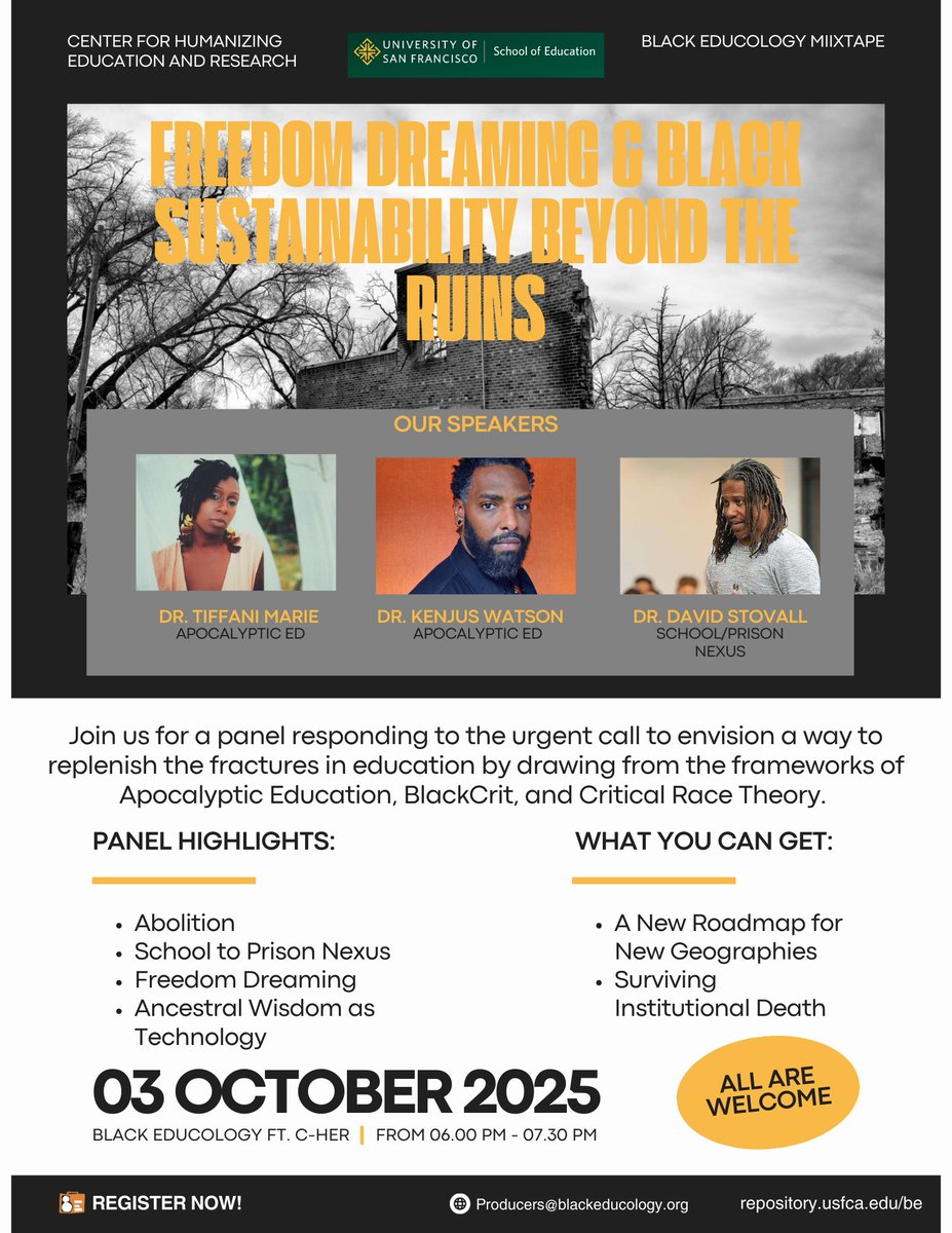BlackEducology's tweet photo. SAVE THE DATE: Oct 3, 2025
Freedom Dreaming and Black Sustainabilty with Tiffani Marie, Kenjus Watson, & david stovall.
RSVP here: https://t.co/hjekMVkkSl
#BlackTeachers #BlackInTheIvory #BlackEducators #BlackTeachersMatter #abolition #panelists #blackcommunity https://t.co/iBxKFTY7Em