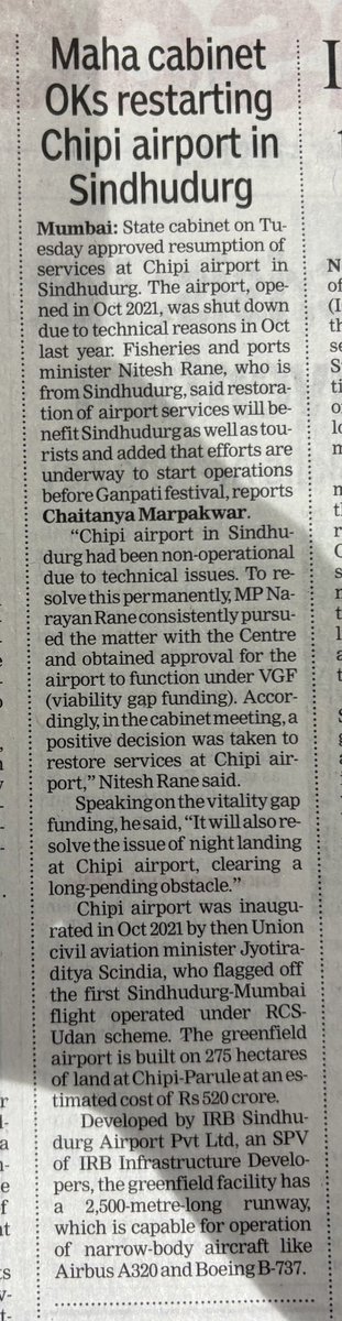 Chaitanya Marpakwar चैतन्य मारपकवार (@chaitanya_pm) on Twitter photo Maha cabinet approved resumption of services at Chipi airport in Sindhudurg, which was shut due to technical reasons. Fisheries & Ports Minister Nitesh Rane said this will benefit Sindhudurg residents & tourists. Efforts on to restart airport by Ganpati festival. <a href="/NiteshNRane/">Nitesh Rane</a> Maha cabinet approved resumption of services at Chipi airport in Sindhudurg, which was shut due to technical reasons. Fisheries & Ports Minister Nitesh Rane said this will benefit Sindhudurg residents & tourists. Efforts on to restart airport by Ganpati festival. <a href="/NiteshNRane/">Nitesh Rane</a>