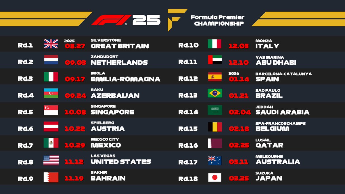 KM_XXIII's tweet image. F1 25 Formula Premier Championship 開幕まで残り1週間⏳

開幕戦イギリスGPから最終戦日本GPと全18戦をドライバーズチャンピオンシップのタイトルを賭けた争いが始まります

そして今回エントリーしていただいた注目のドライバー全27名をチームと共に紹介していきます！

#F125 #FPC
#F125FPC…