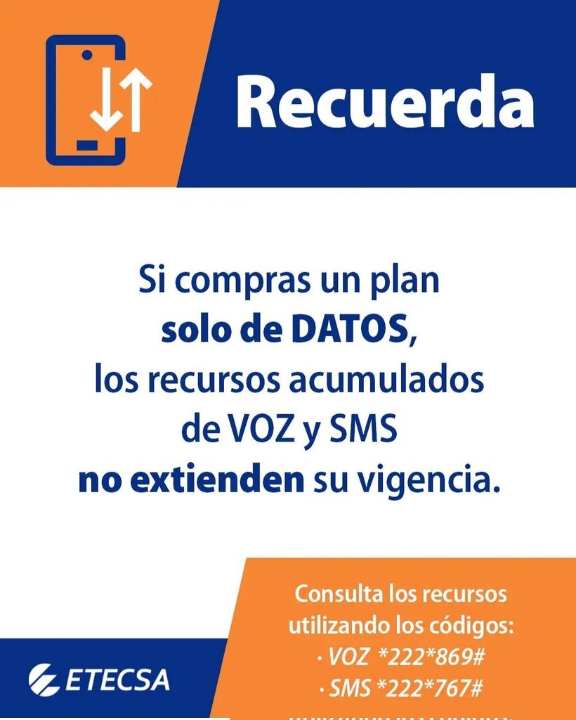 📢 Recuerda‼️: Si deseas extender la vigencia de tus recursos, te sugerimos, no adquirir un plan solo de DATOS .👇 Consulte sus recursos  a través de USSD. 📲 🗣💬 #EtecsaConCuba 🇨🇺💙