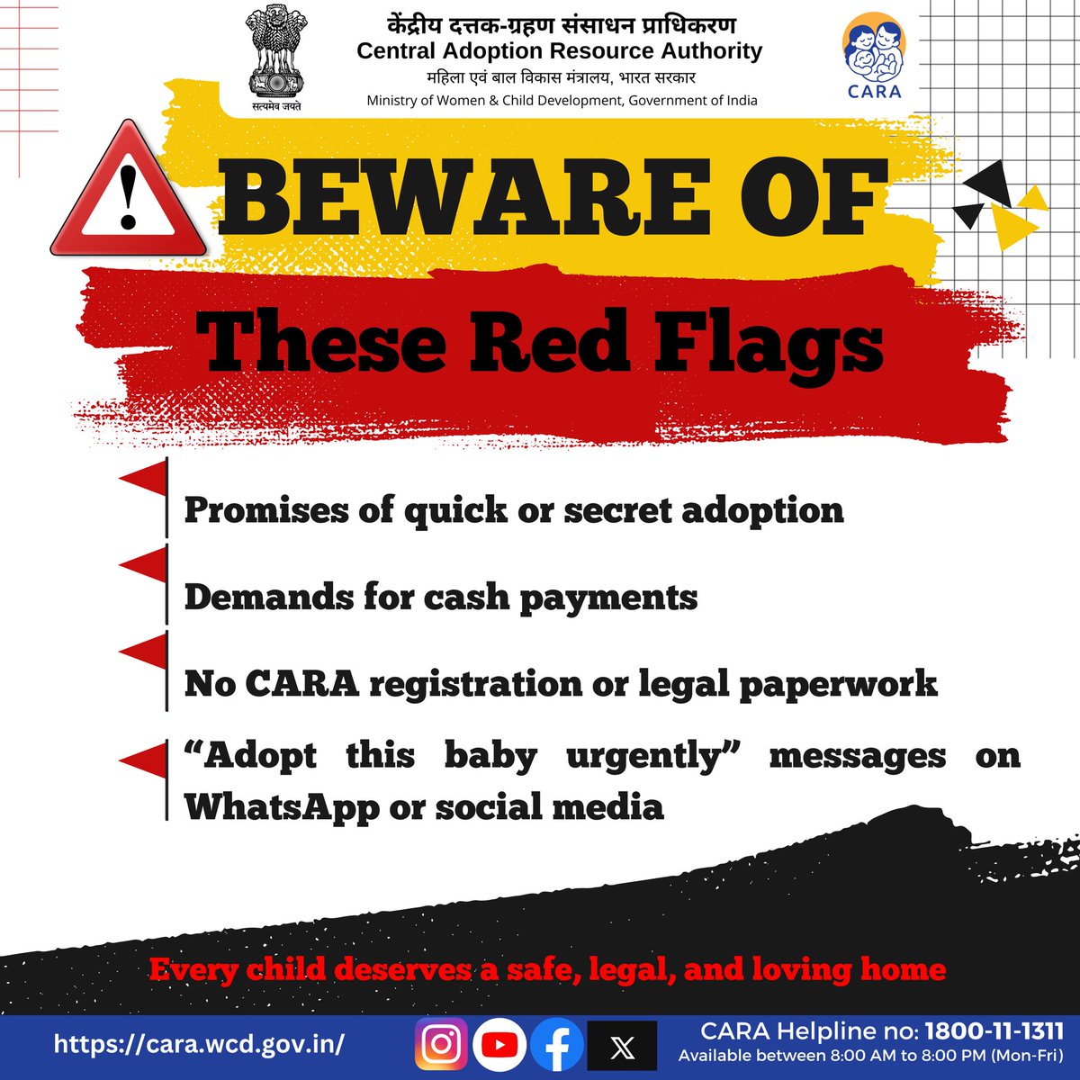 CARAWCD's tweet photo. 🚨 Illegal adoption = child trafficking.
✅ Legal adoption = through CARA only.
Don’t be fooled. Don’t break the law.
#StopAdoptionScams #AdoptLegally #CARAIndia #ChildSafetyFirst #Alert #ScamAlert #Beware #illegaladoptions #childadoption
@PMOIndia @MinistryWCD @Annapurna4BJP @savitrii4bjp @PIBWCD @PIB_India @PIBHindi @MIB_India @MIB_Hindi @mygovindia @MyGovHindi @NCPCR_ @SPNIWCD_MWCD