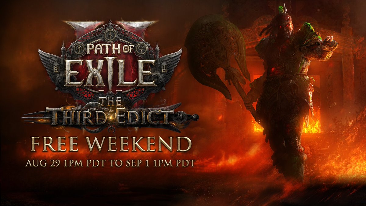 To celebrate the launch of Path of Exile 2: The Third Edict on August 29, we're making the game free to play for three days! There are no limits to character leveling, and all progress made during this period will be saved to your account.

Find out more: pathofexile2.com/freeweekend