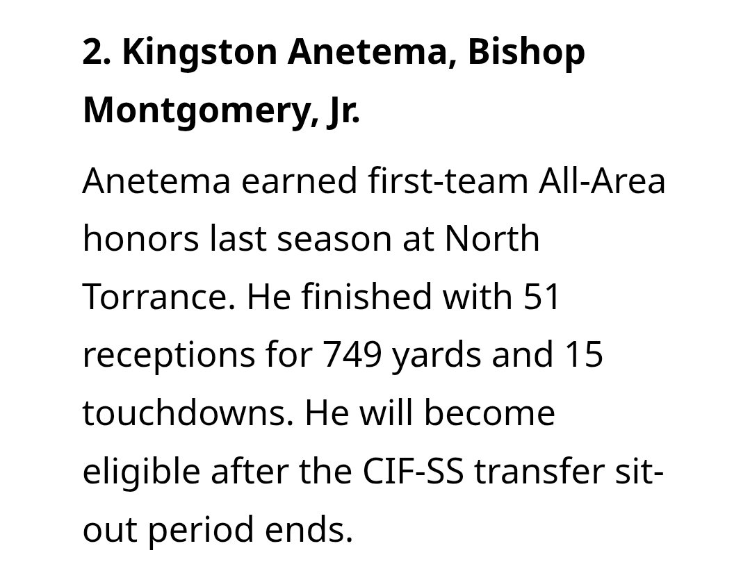 Our guy Kingston rated as one of the best receivers in our area. 

Go Kingston &amp; Knights Football! #BMHSFootball

<a href="/KingstonAnetema/">Kingston Anetema</a>
<a href="/breezepreps/">Breeze Varsity</a> <a href="/DamianCalhoun/">Damian Calhoun</a> <a href="/SBSportsRadio/">South Bay Sports Radio</a> <a href="/LeePatrick1966/">Patrick Lee</a> <a href="/edwardtorre/">ET ® AMDG</a>