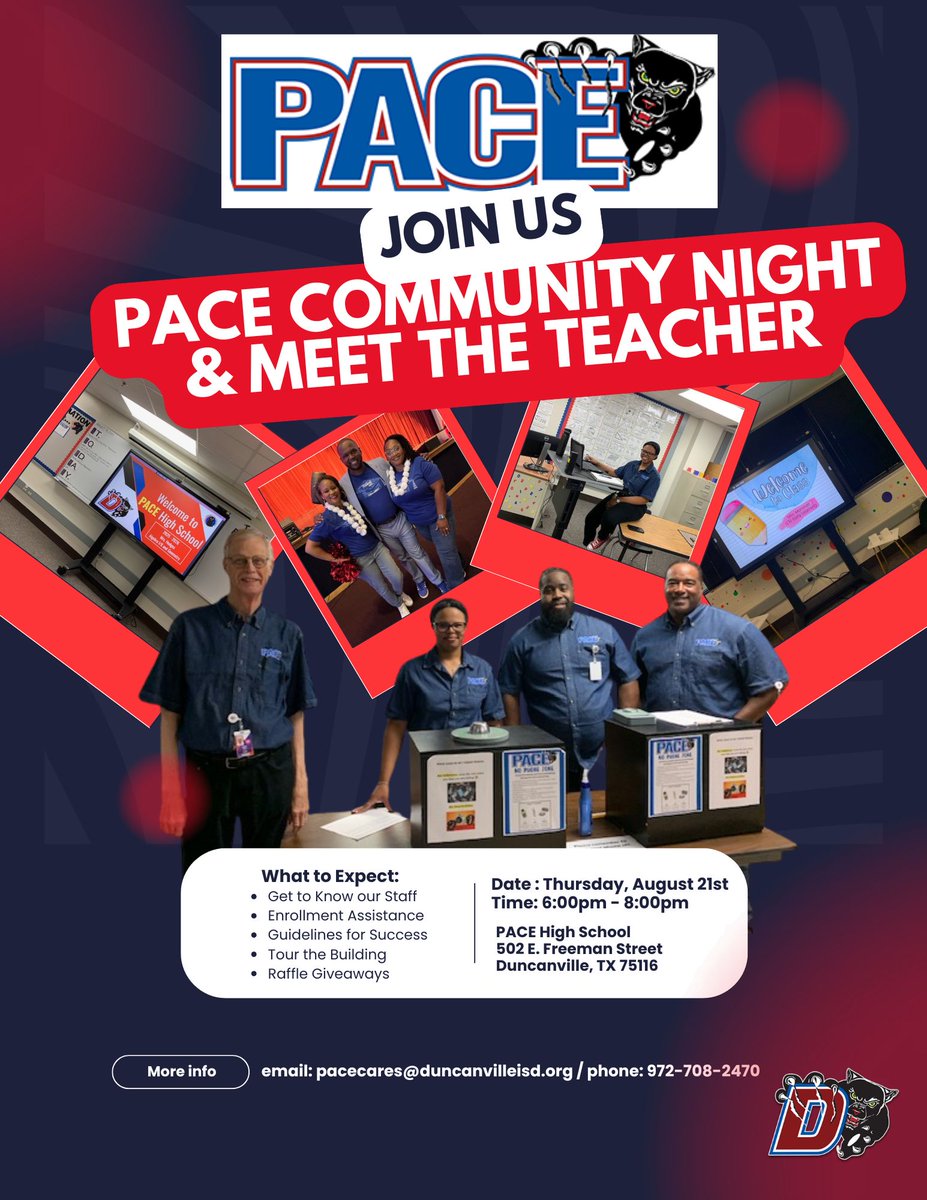 PACE Families and Duncanville community you’re invited to join us at PACE High School on Thursday, August 21st from 6pm-8pm! Come meet our staff, get help with enrollment, learn about our guidelines for success, take a tour, and enjoy raffle prizes!  We can’t wait to welcome you.