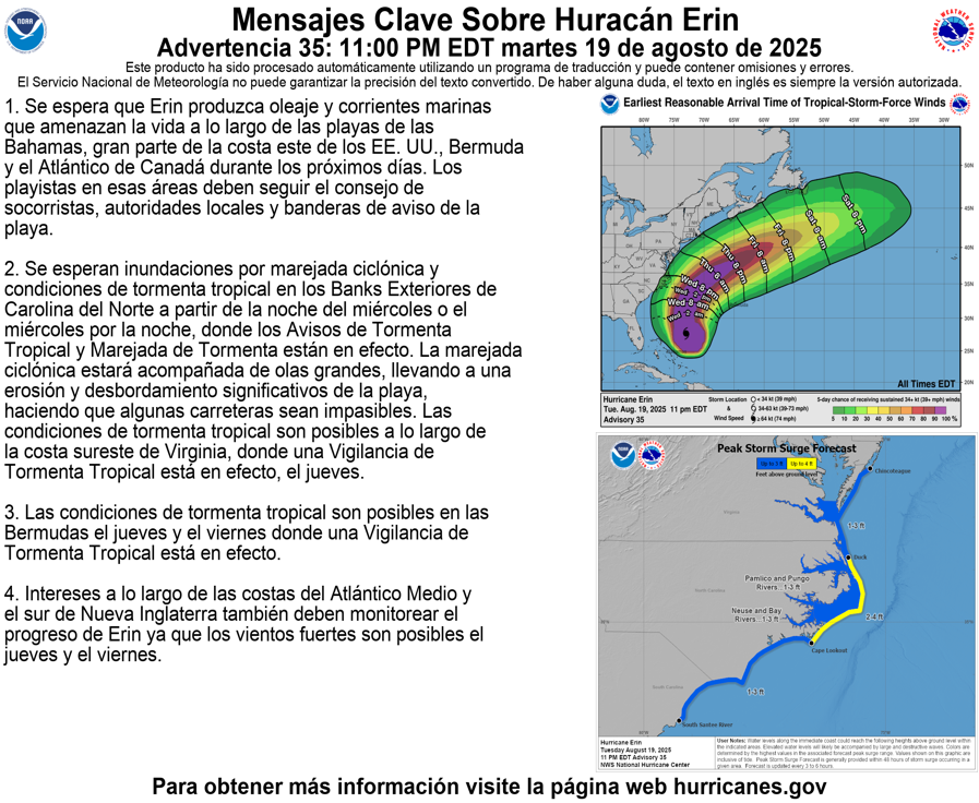11 pm ET Tue, Aug 19 Key Messages for Hurricane #Erin:

English: nhc.noaa.gov/refresh/graphi…

Español: nhc.noaa.gov/refresh/graphi…