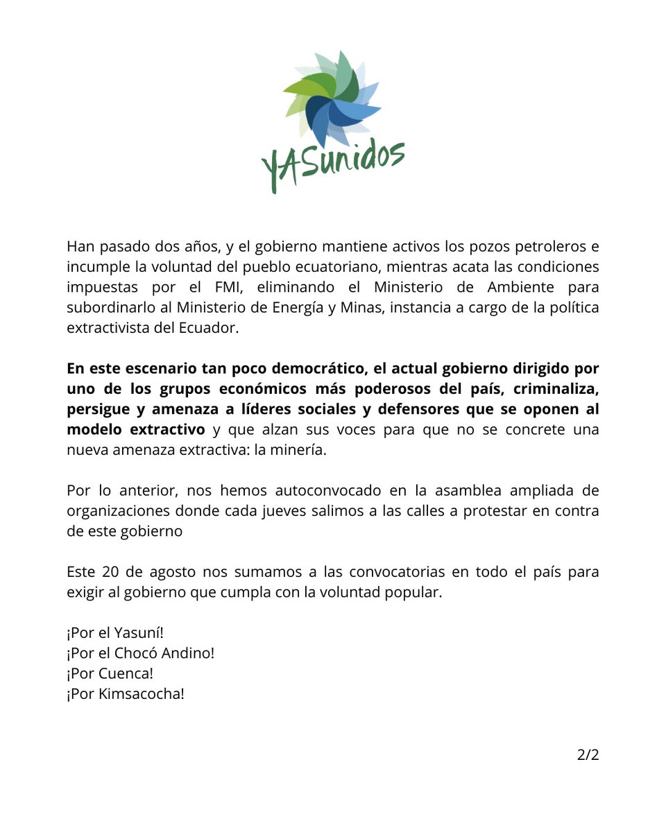 YASunidos (@yasunidos) on Twitter photo Se cumplen 2 años desde que el Ecuador le dijo #SíAlYasuní. Son 2 años de incumplimiento y de irrespeto a la voluntad popular. Denunciamos la política extractivista, violenta y antidemocrática de <a href="/DanielNoboaOk/">Daniel Noboa Azin</a> y nos plegamos a las diversas convocatorias de este aniversario. Se cumplen 2 años desde que el Ecuador le dijo #SíAlYasuní. Son 2 años de incumplimiento y de irrespeto a la voluntad popular. Denunciamos la política extractivista, violenta y antidemocrática de <a href="/DanielNoboaOk/">Daniel Noboa Azin</a> y nos plegamos a las diversas convocatorias de este aniversario.