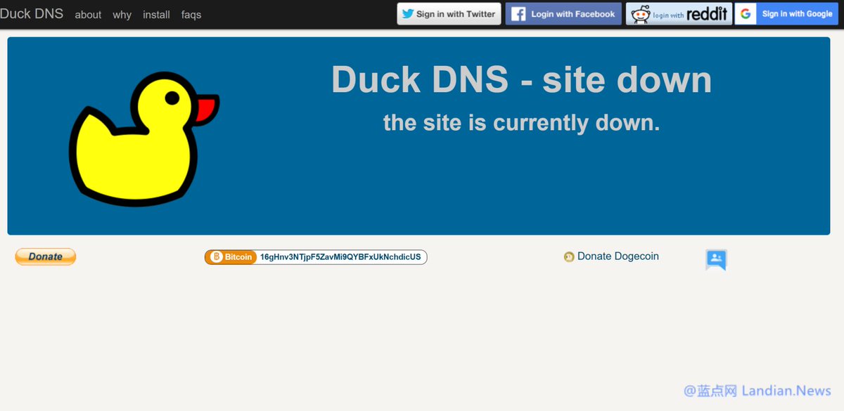 landiantech's tweet photo. 知名免费动态 DNS 解析平台 #DuckDNS 关闭网站，使用该 DNS 的用户请尽快修改解析以免造成无法访问的情况。目前 DuckDNS 并未发布任何公告，所以不清楚是临时关闭还是永久关闭，但无论如何用户也需要先换成别的 DNS 服务器例如 @Cloudflare (支持通过 API 实现 DDNS)：https://t.co/b674eRdmW2 https://t.co/cGDoK4UBdh