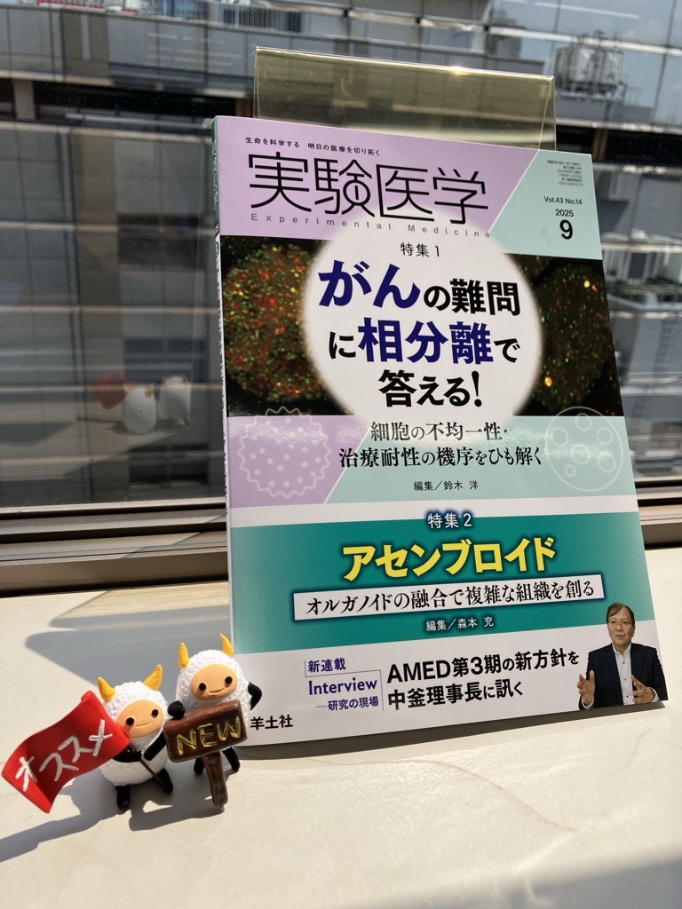 Yodosha_EM's tweet photo. 【新刊📚】実験医学2025年9月号が本日発行
細胞内の「形」や「動き」で，がん研究に次の一手を！
特集1：がんの難問に相分離で答える！　細胞の不均一性・治療耐性の機序をひも解く
 
複雑な臓器相互作用を再現する新戦略！
特集2：アセンブロイド　オルガノイドの融合で複雑な組織を創る

目次詳細・ウェブ立ち読みはこちらから↓
🔗 https://t.co/XaxXHylWCr