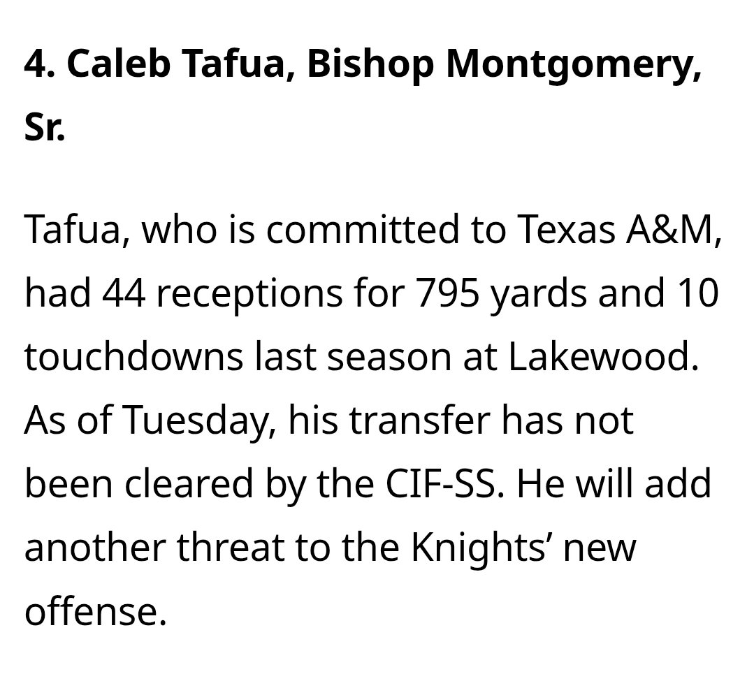 Our guy Caleb rated as one of the best tight ends in our area.

Go Caleb &amp; Knights Football! #BMHSFootball

<a href="/CTafua7/">Caleb Tafua</a>
<a href="/BMHSGridiron/">BMHS Football 🏈</a> 
<a href="/breezepreps/">Breeze Varsity</a> <a href="/DamianCalhoun/">Damian Calhoun</a> <a href="/SBSportsRadio/">South Bay Sports Radio</a> 
<a href="/LeePatrick1966/">Patrick Lee</a> 
<a href="/edwardtorre/">ET ® AMDG</a>