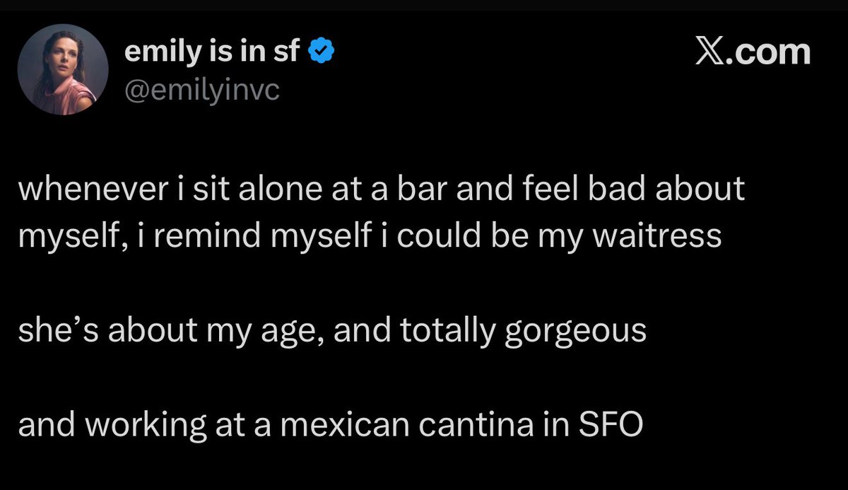 whenever i sit alone at a bar and feel bad about myself, i remind myself I could be this awful woman emilyinvc 

idk her age but she seems mid

and she's working in vc apparently