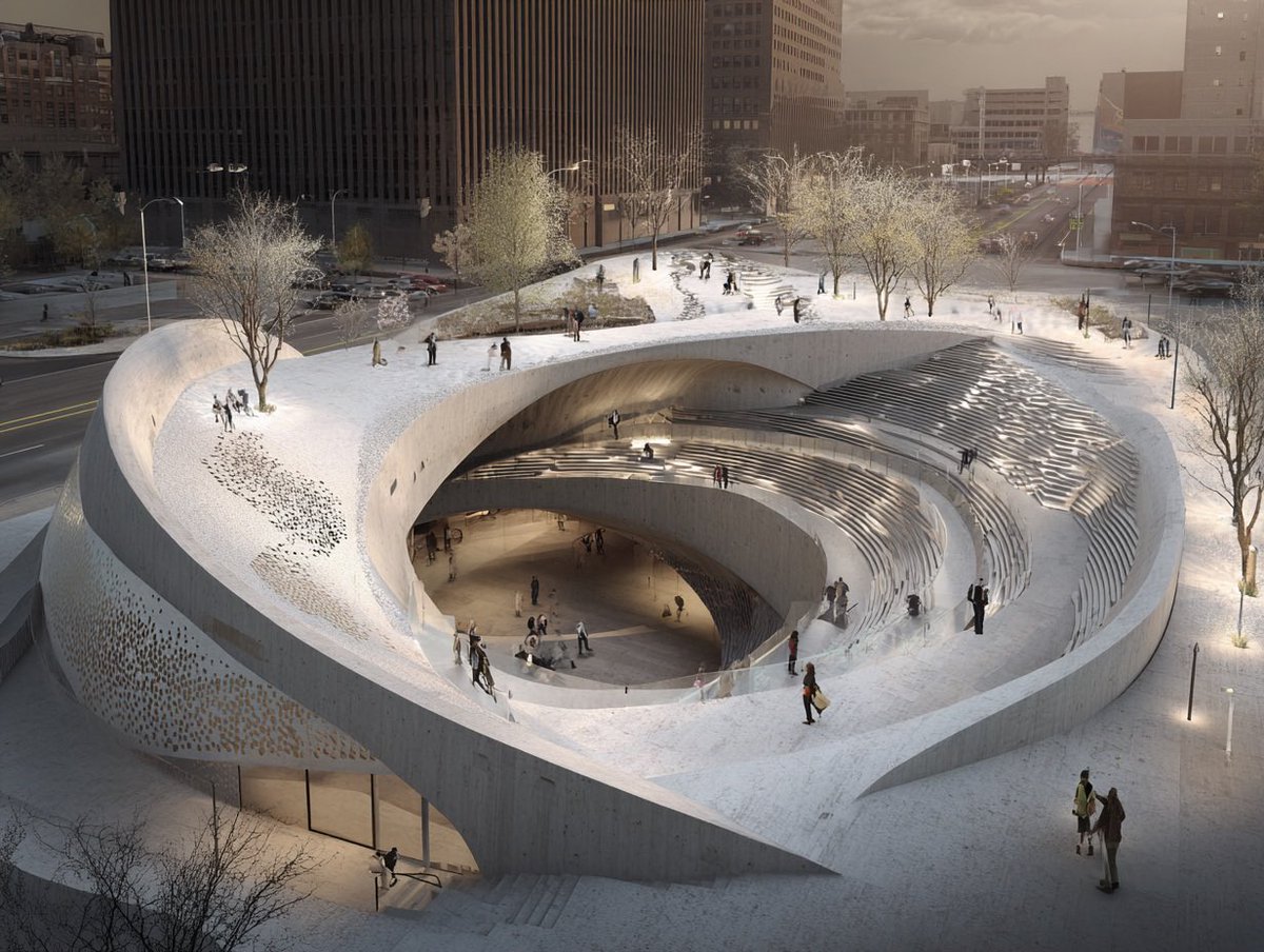 theAIDesignLab's tweet image. Concrete crater plaza, spiral ramp, amphitheater seating—an urban design that turns a subway entrance into civic sculpture. Infrastructure as public space, not background.

#UrbanDesign #DesignThinking #SpatialArt #DesignInspiration #AIDesignLab
