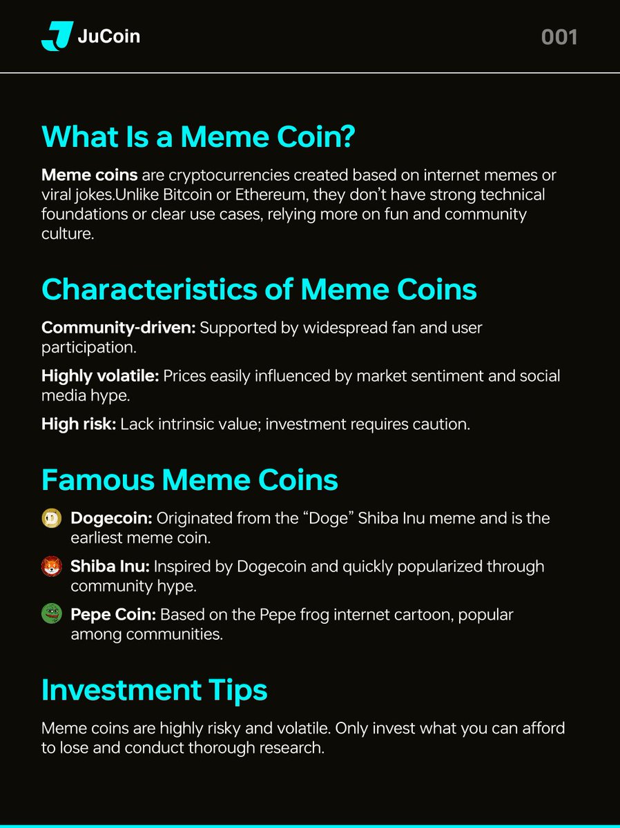 Jucom_Official's tweet image. 🐣 New to Crypto? Start Here!

🔸 1-min to know what Meme Coin is

📌 Bookmark this thread – your ultimate starter kit👇

#CryptoBeginner #Blockchain101 #LearnWeb3 #JuCoin