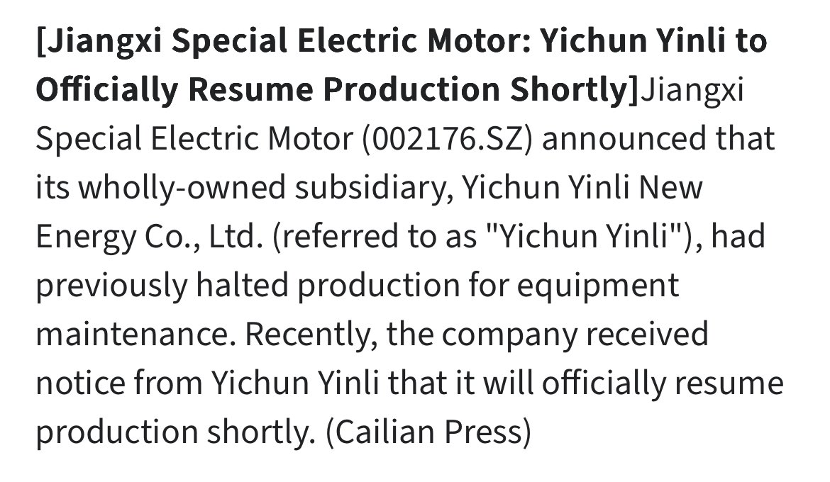 📉 Lithium futures (GFEX.LC2509) sank 7.99% to ¥81,040/mt as Jiangxi Special Electric Motor’s unit Yichun Yinli announced plans to resume production after a maintenance halt

#Lithium #EV #China #Commodities $LKE $LLKKF