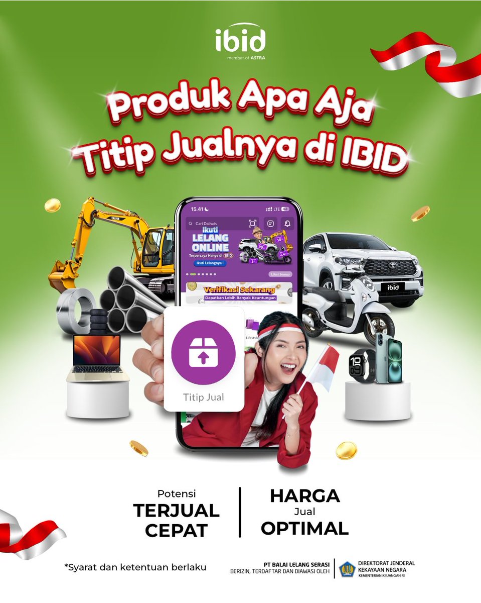 ibid_lelang's tweet photo. Jual produk apa aja jadi lebih mudah dengan titip jual di IBID ✨

Mulai dari otomotif, gadget, lifestyle, alat berat, hingga scrap 😎

Yuk, titip jual sekarang melalui https://t.co/93JPrxEQcU 📲

#IBID #jualmobilbekas #jualbelimobilbekas #jualmotor #motorbekas #jualelektronik https://t.co/z5pBv7VNQN
